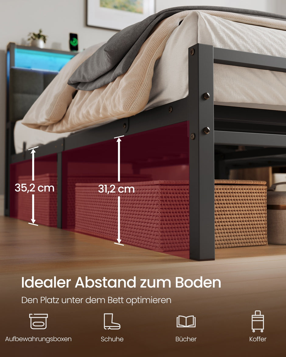 Metalen Bed - 160 x 200 cm - Met Opbergruimte - Ledverlichting - Matzwart