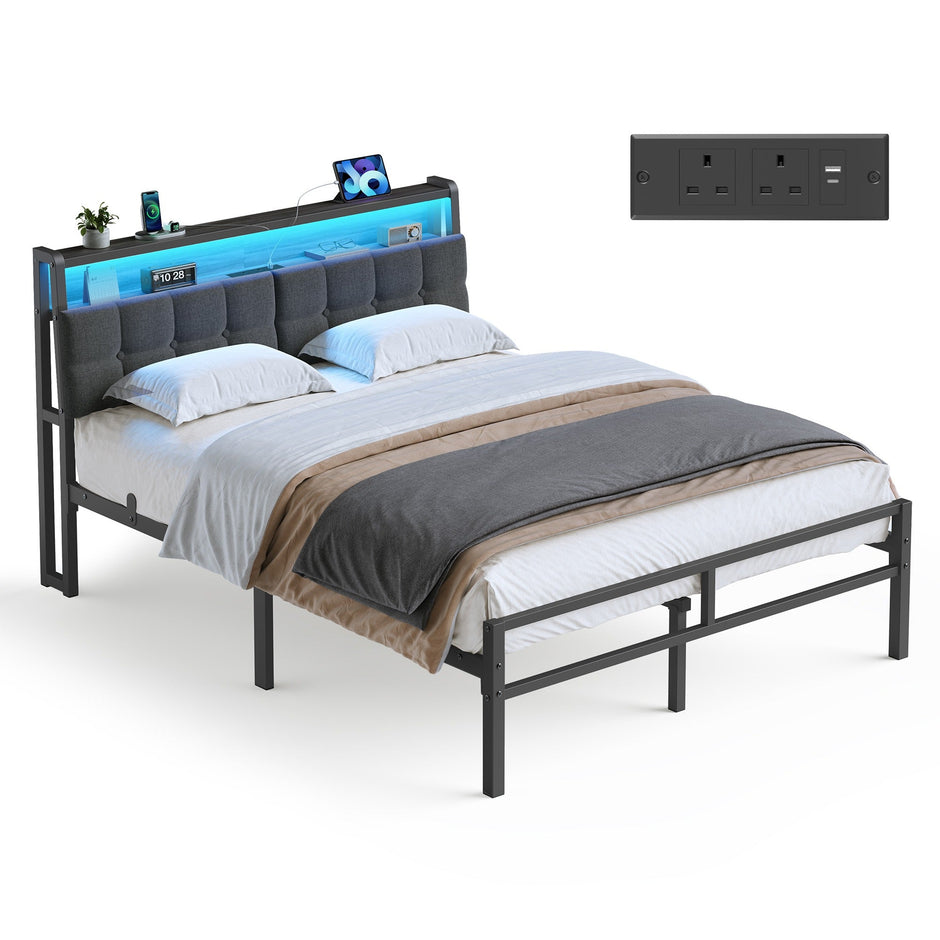 Bed Frame - Metal with LED and Charging Station