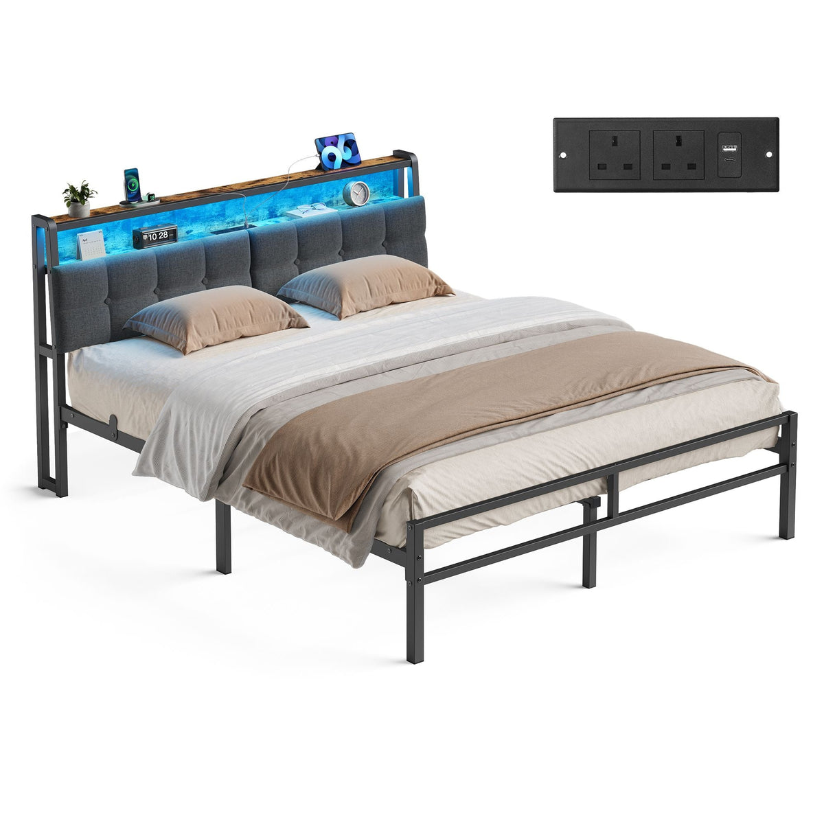 Bed Frame - Metal with LED and Charging Station
