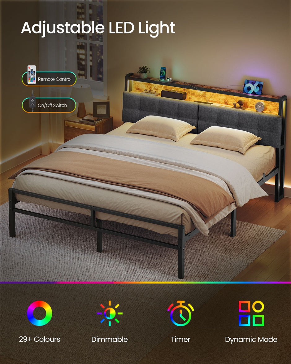 Bed Frame - Metal with LED and Charging Station