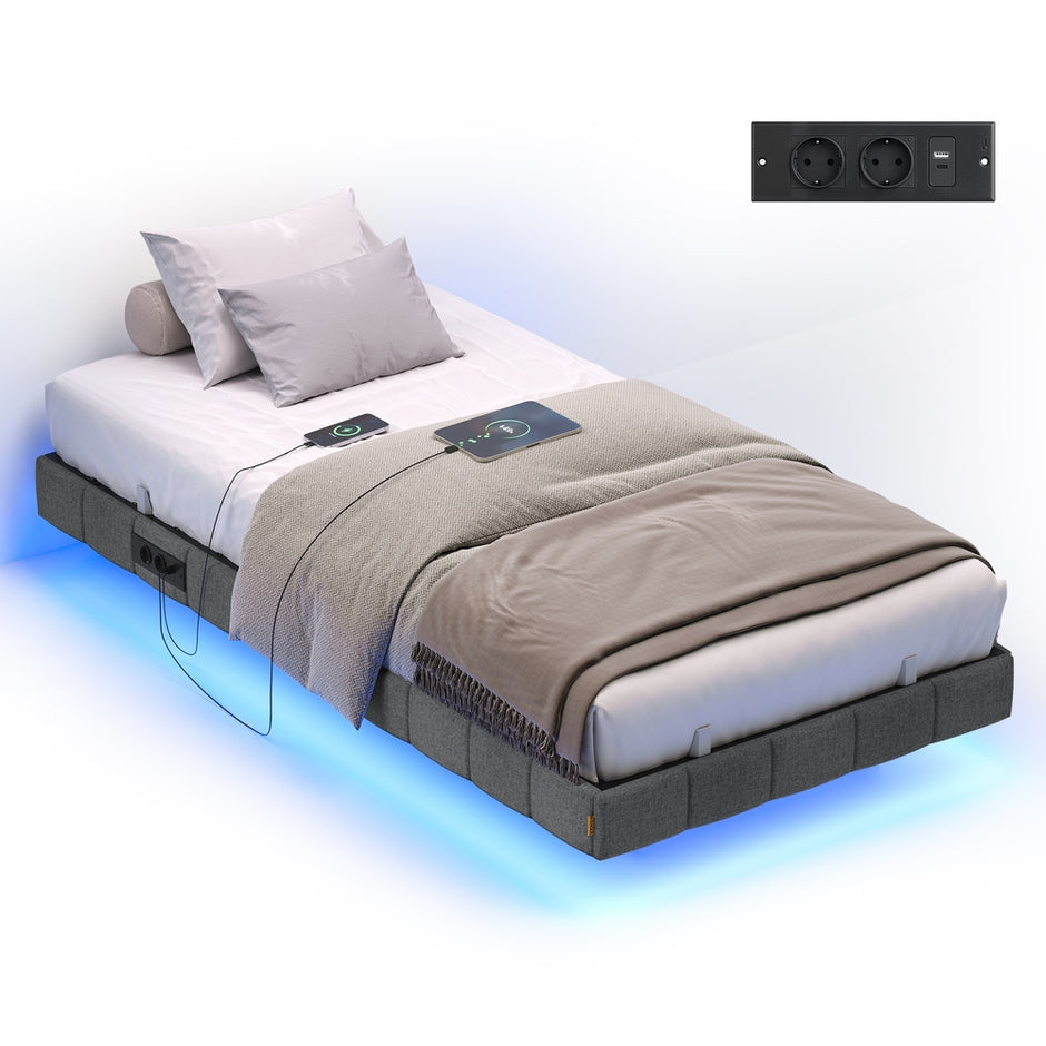 Bedframe - 200 x 90 x 26 cm - zwevend effect - leigrijs - draagvermogen tot 250 kg - met ledverlichting, 2 stopcontacten, 2 USB-A-poorten, 1 USB-C-poort