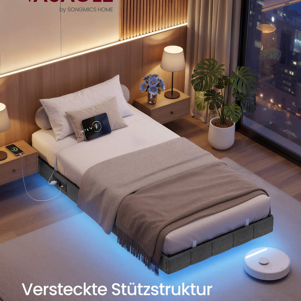 Bedframe - 200 x 90 x 26 cm - zwevend effect - leigrijs - draagvermogen tot 250 kg - met ledverlichting, 2 stopcontacten, 2 USB-A-poorten, 1 USB-C-poort