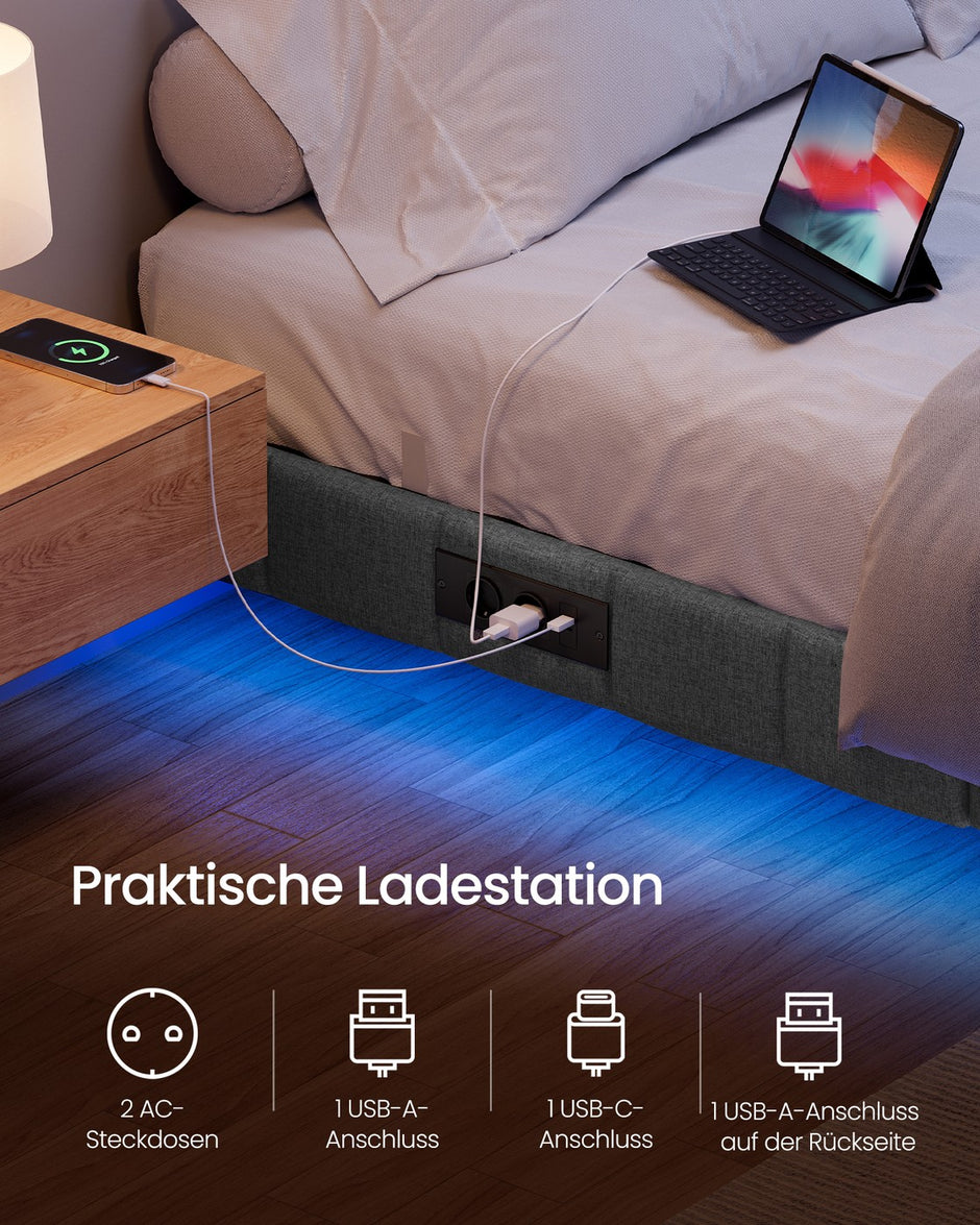 Bedframe - 200 x 90 x 26 cm - zwevend effect - leigrijs - draagvermogen tot 250 kg - met ledverlichting, 2 stopcontacten, 2 USB-A-poorten, 1 USB-C-poort