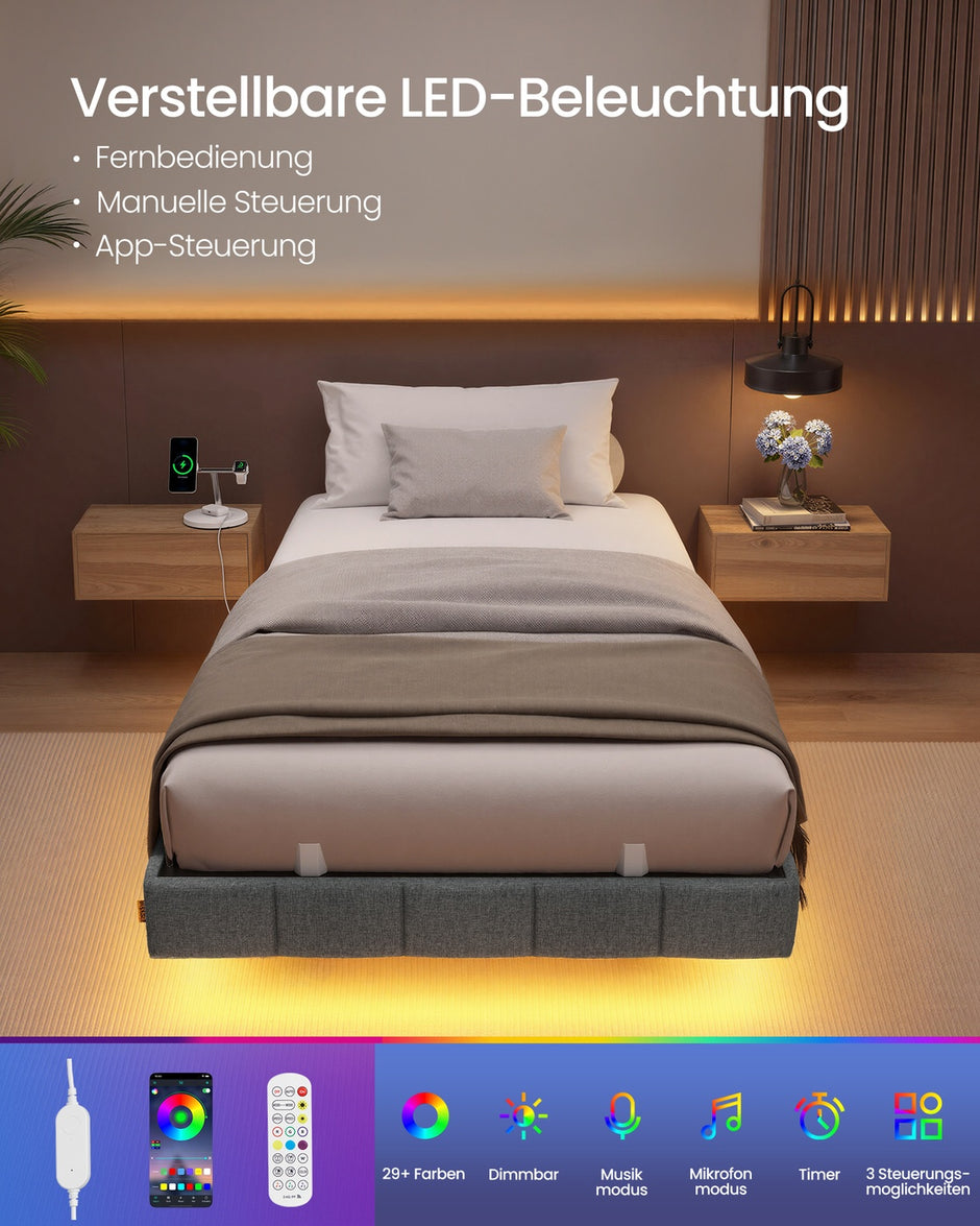 Bedframe - 200 x 90 x 26 cm - zwevend effect - leigrijs - draagvermogen tot 250 kg - met ledverlichting, 2 stopcontacten, 2 USB-A-poorten, 1 USB-C-poort