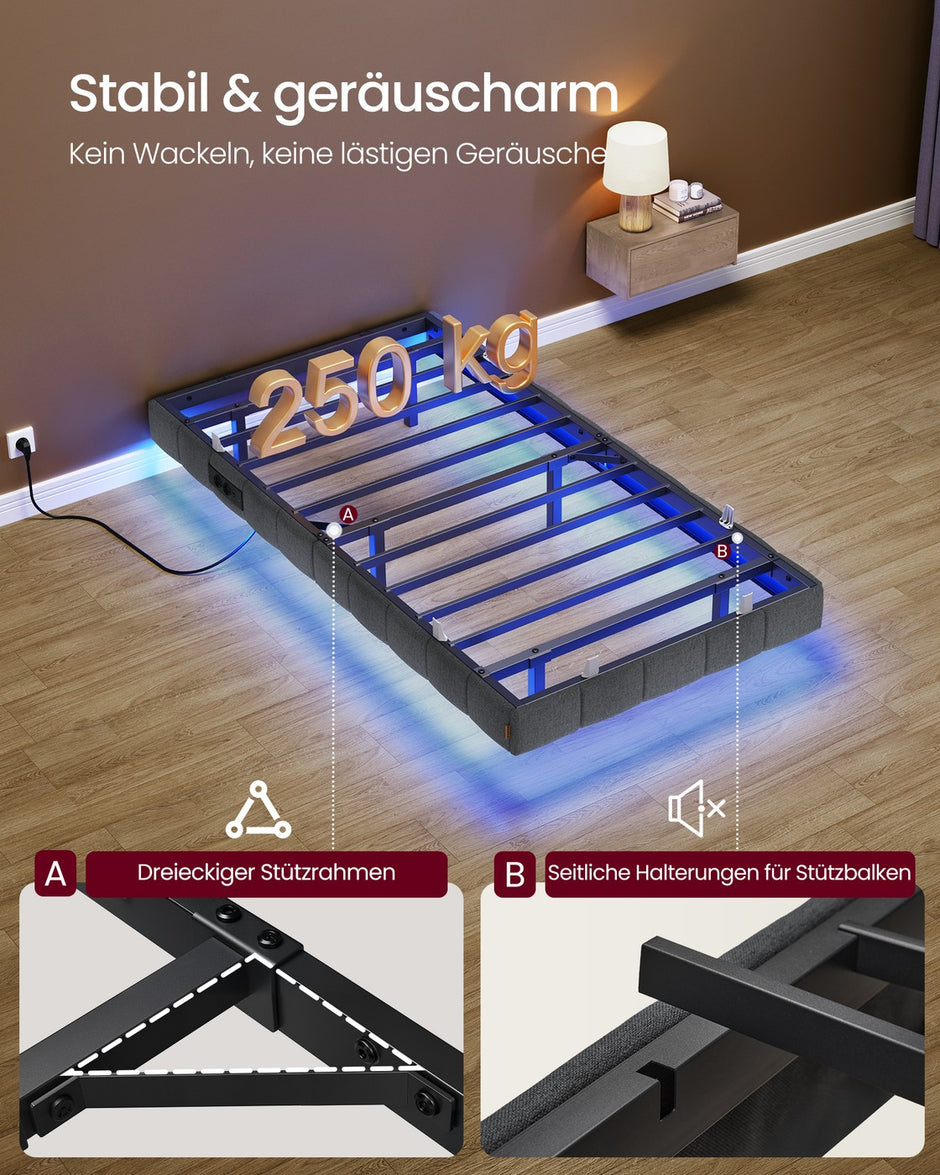 Bedframe - 200 x 90 x 26 cm - zwevend effect - leigrijs - draagvermogen tot 250 kg - met ledverlichting, 2 stopcontacten, 2 USB-A-poorten, 1 USB-C-poort