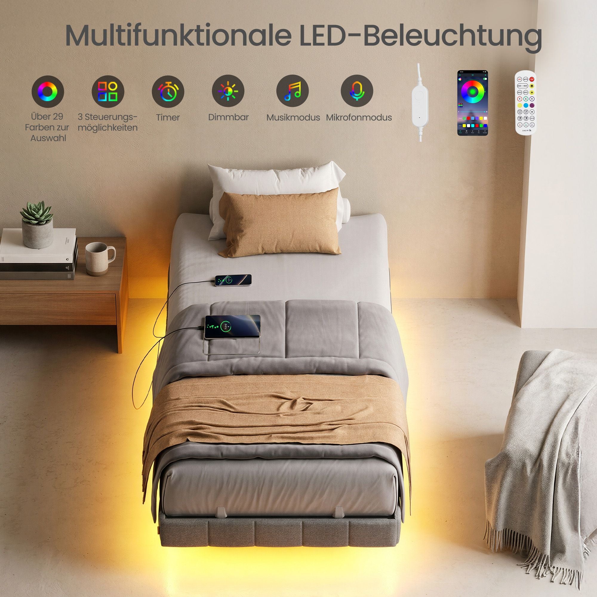 Bedframe - 90 x 200 cm - Met Ledverlichting - Gestoffeerd - Grijs