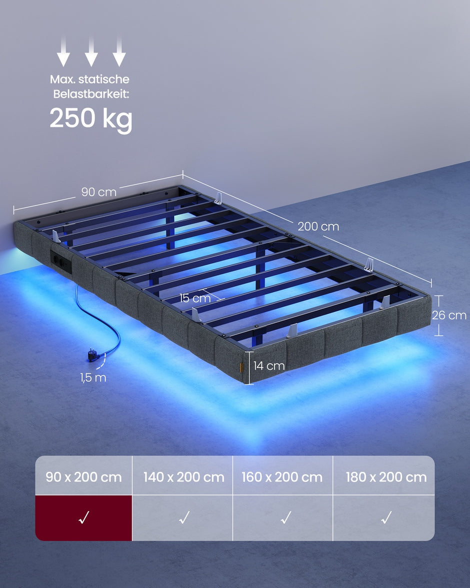 Bedframe - 200 x 90 x 26 cm - zwevend effect - leigrijs - draagvermogen tot 250 kg - met ledverlichting, 2 stopcontacten, 2 USB-A-poorten, 1 USB-C-poort