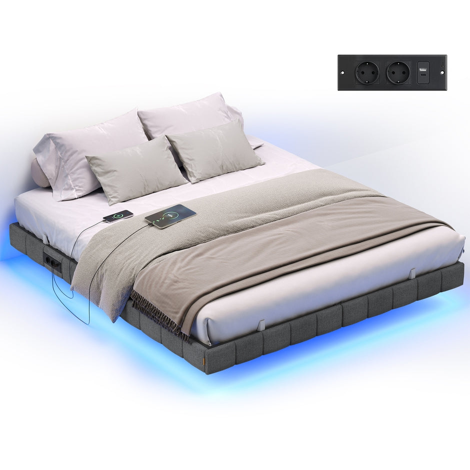 Bedframe - 200 x 160 x 26 cm - zwevend effect - ledverlichting - gestoffeerde zijpanelen - 2 stopcontacten - 2 USB-A-poorten - 1 USB-C-poort - leigrijs - draagvermogen tot 500 kg