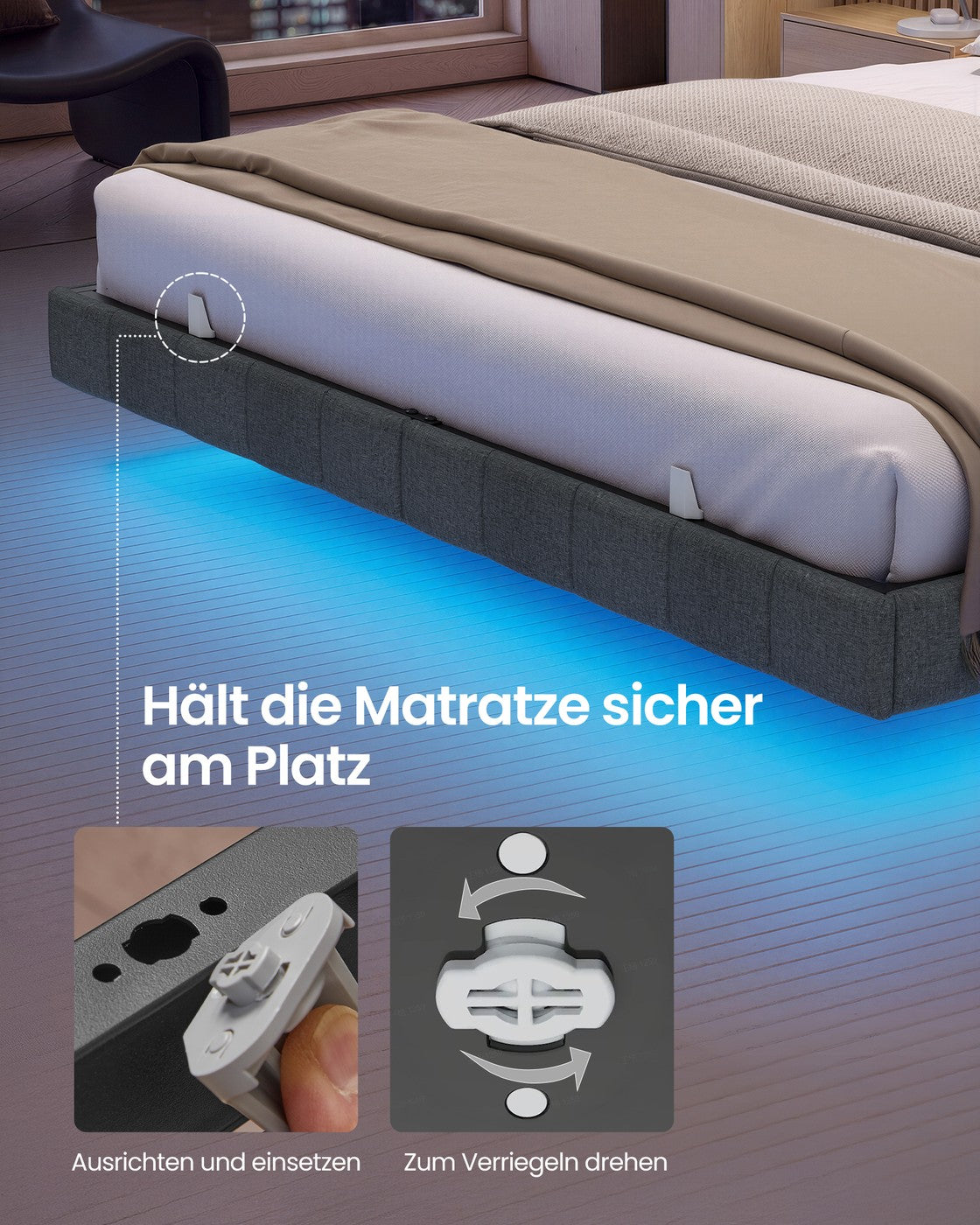 Bedframe - 200 x 160 x 26 cm - zwevend effect - ledverlichting - gestoffeerde zijpanelen - 2 stopcontacten - 2 USB-A-poorten - 1 USB-C-poort - leigrijs - draagvermogen tot 500 kg