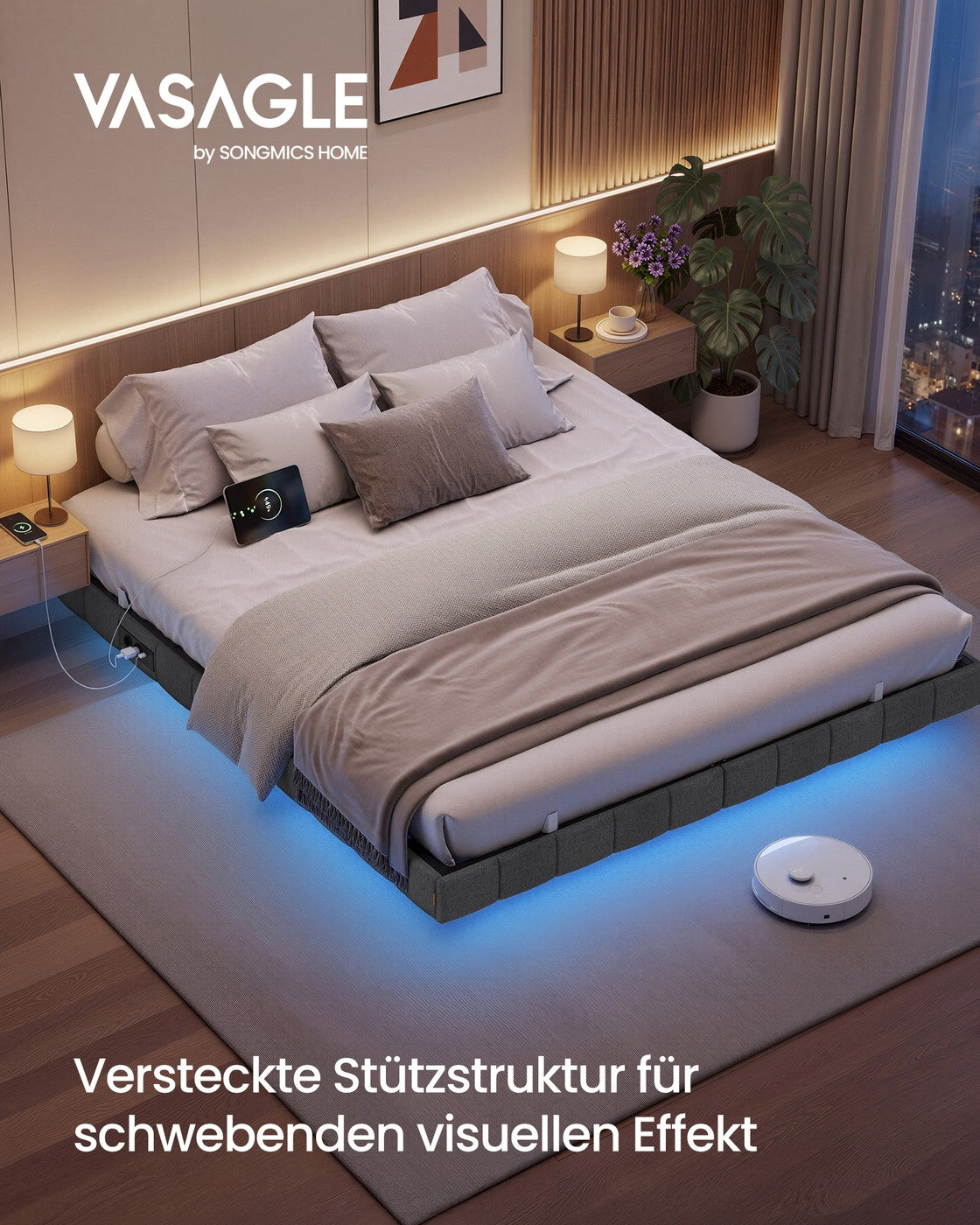 Bedframe - 180 x 200 cm - zwevend effect - ledverlichting - gestoffeerde zijpanelen - 2 stopcontacten - 2 USB-A-poorten - 1 USB-C-poort - leigrijs - maximale draagkracht 500 kg
