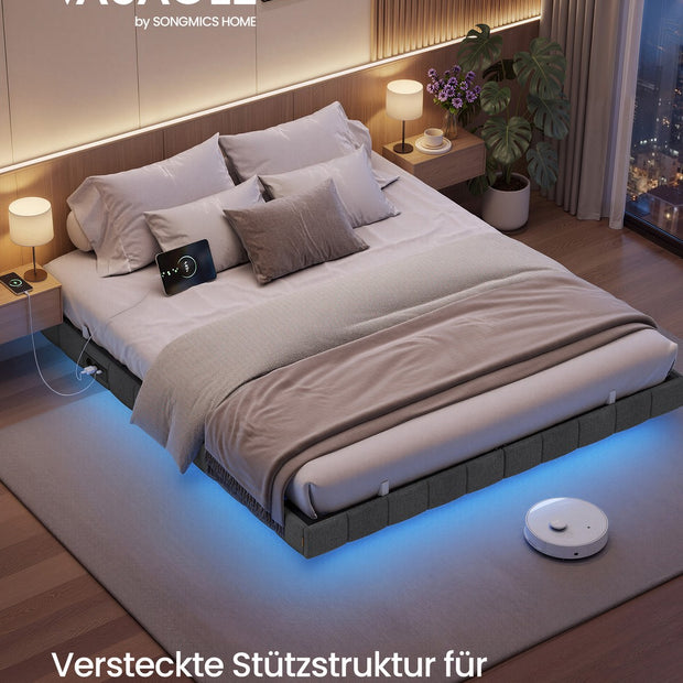 Bedframe - 180 x 200 cm - zwevend effect - ledverlichting - gestoffeerde zijpanelen - 2 stopcontacten - 2 USB-A-poorten - 1 USB-C-poort - leigrijs - maximale draagkracht 500 kg