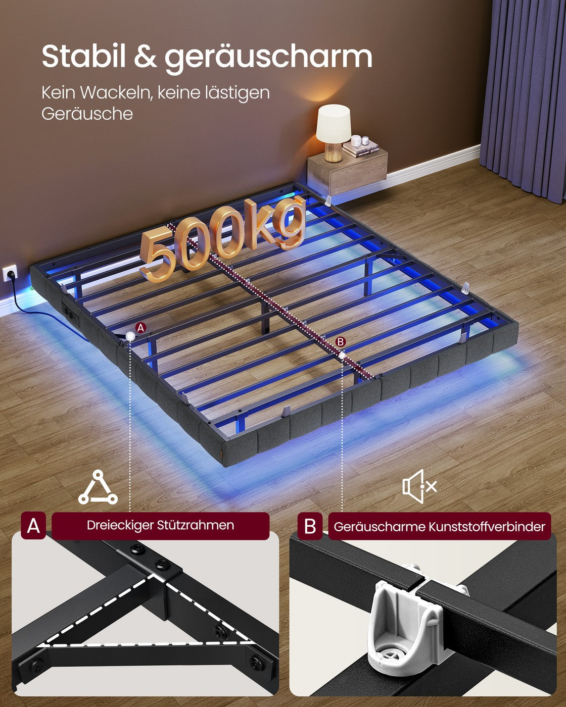 Bedframe - 180 x 200 cm - zwevend effect - ledverlichting - gestoffeerde zijpanelen - 2 stopcontacten - 2 USB-A-poorten - 1 USB-C-poort - leigrijs - maximale draagkracht 500 kg