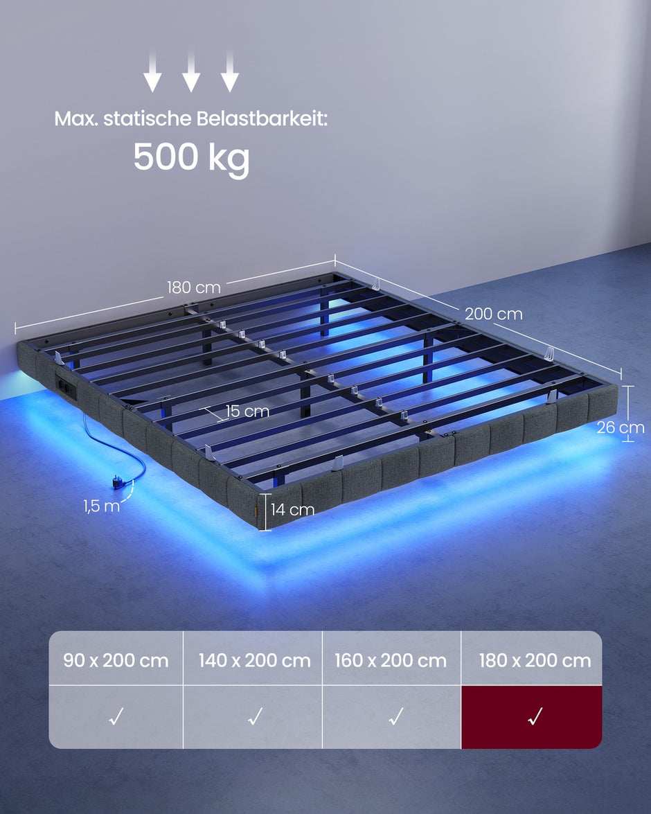 Bedframe - 180 x 200 cm - zwevend effect - ledverlichting - gestoffeerde zijpanelen - 2 stopcontacten - 2 USB-A-poorten - 1 USB-C-poort - leigrijs - maximale draagkracht 500 kg