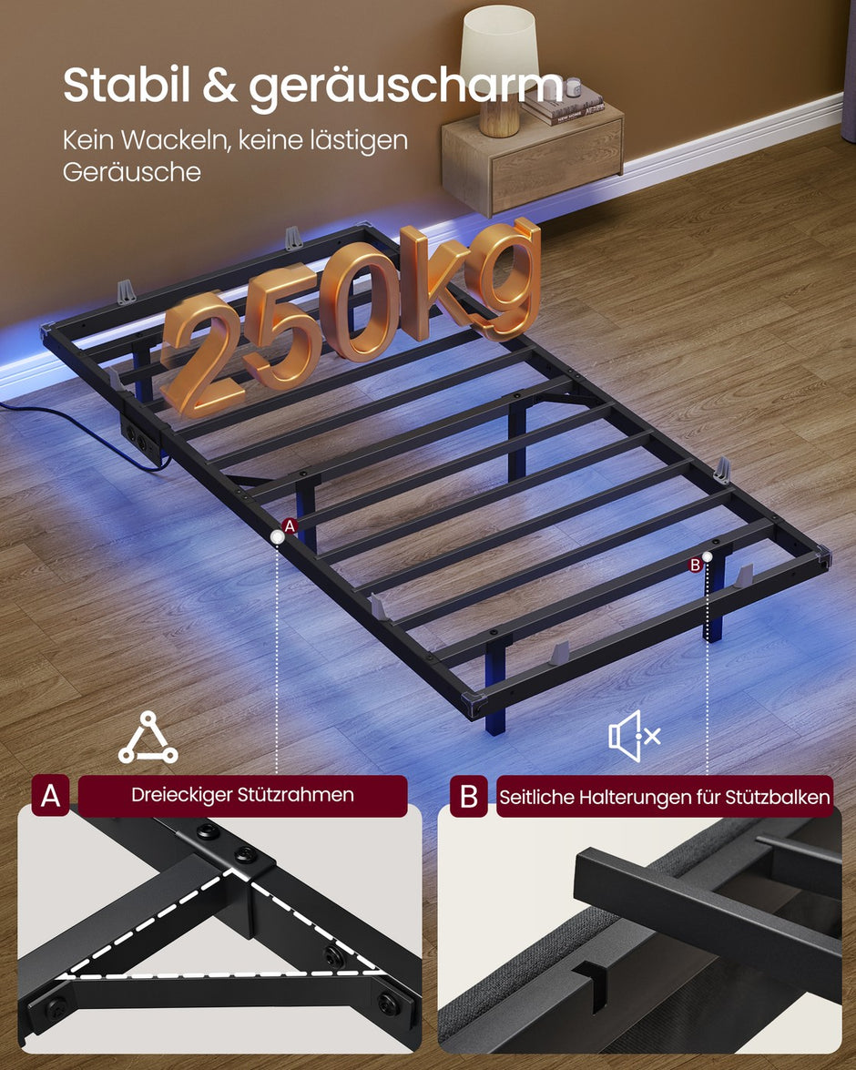 Bedframe - 200 x 90 x 26 cm - zwevend effect - ledverlichting - afneembaar stekkerblok - 2 stopcontacten - 1 USB-C-poort - 2 USB-A-poorten - inktzwart - maximaal draagvermogen 250 kg