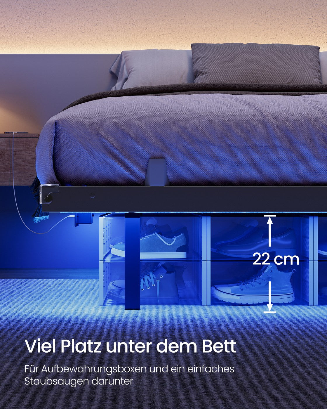 Bedframe - 200 x 90 x 26 cm - zwevend effect - ledverlichting - afneembaar stekkerblok - 2 stopcontacten - 1 USB-C-poort - 2 USB-A-poorten - inktzwart - maximaal draagvermogen 250 kg