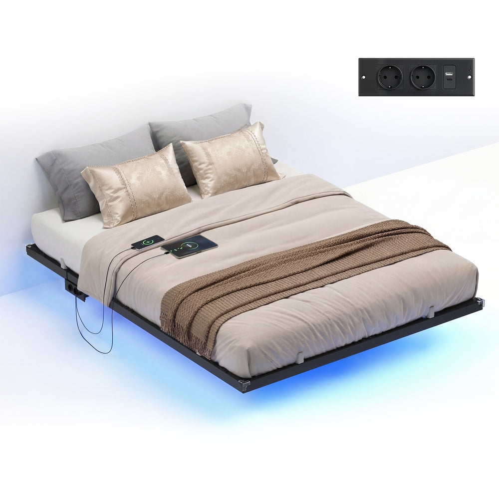 Bedframe - 200 x 140 x 26 cm - zwevend effect - ledverlichting - afneembare stekkerdoos met 2 stopcontacten, 1 USB-C-poort en 2 USB-A-poorten - maximaal draagvermogen 500 kg - inktzwart