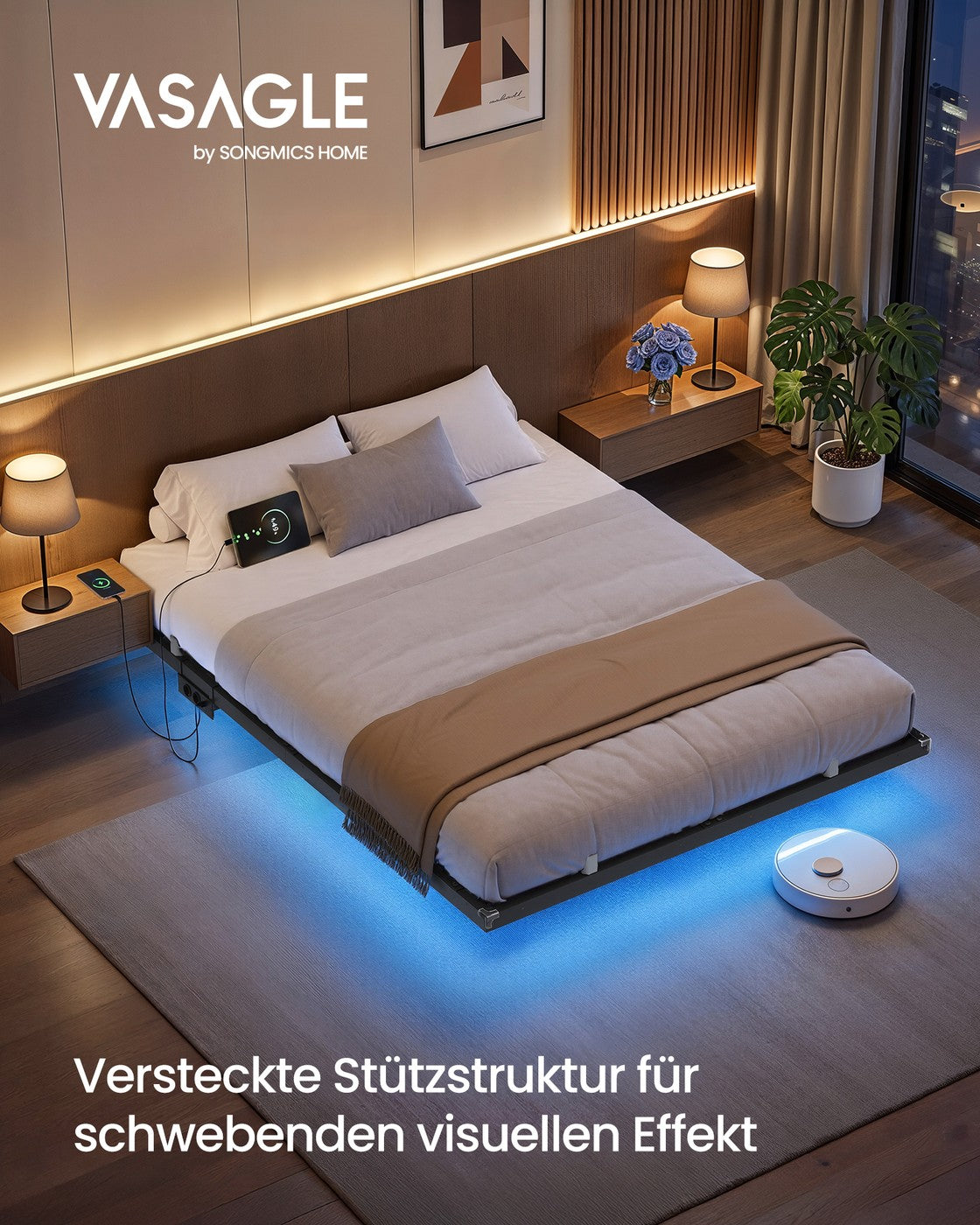 Bedframe - 200 x 140 x 26 cm - zwevend effect - ledverlichting - afneembare stekkerdoos met 2 stopcontacten, 1 USB-C-poort en 2 USB-A-poorten - maximaal draagvermogen 500 kg - inktzwart