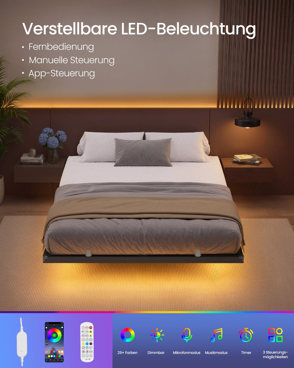 Bedframe - 200 x 140 x 26 cm - zwevend effect - ledverlichting - afneembare stekkerdoos met 2 stopcontacten, 1 USB-C-poort en 2 USB-A-poorten - maximaal draagvermogen 500 kg - inktzwart