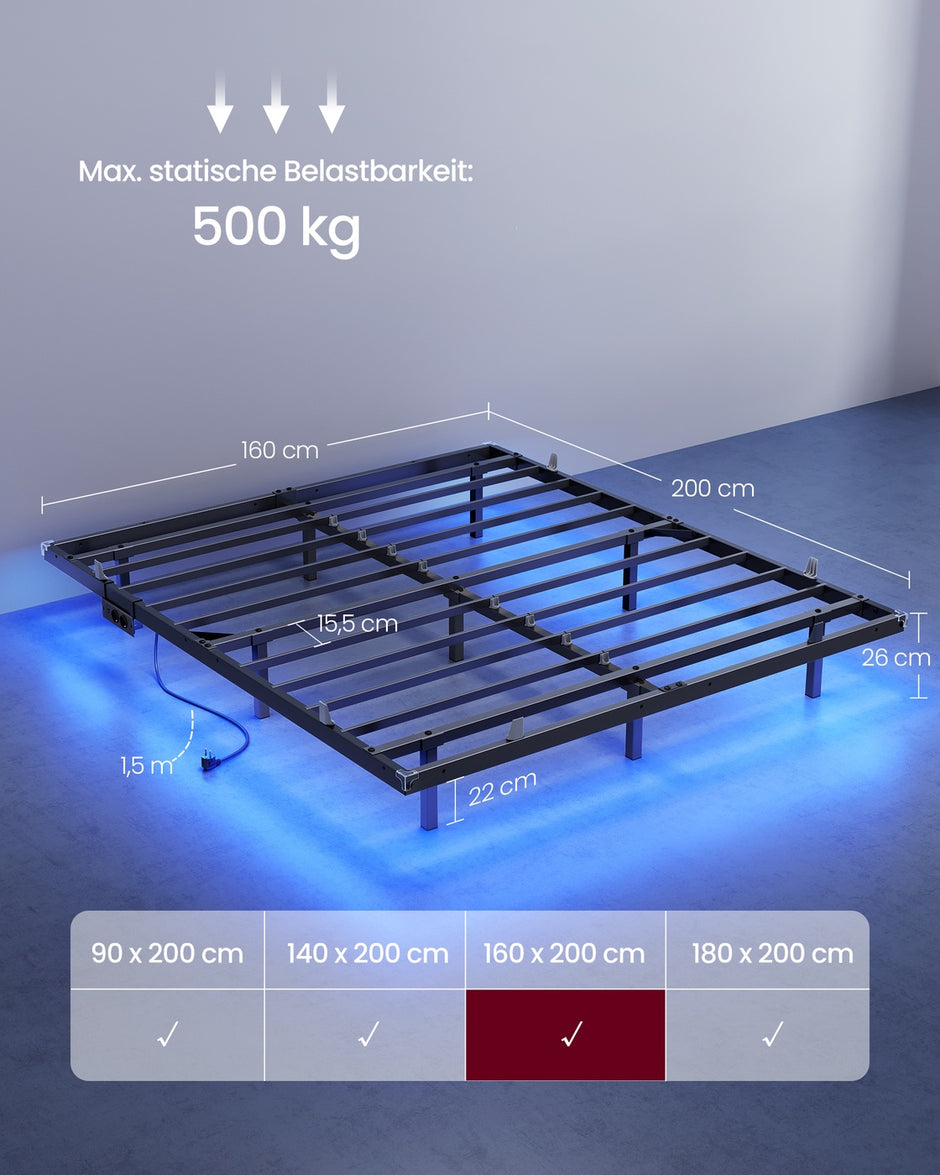 Bedframe - 160 x 200 cm - Zwevend effect - Ledverlichting - Afneembare stekkerdoos met 2 stopcontacten, 1 USB-C-poort en 2 USB-A-poorten - Inktzwart - Draagvermogen tot 500 kg