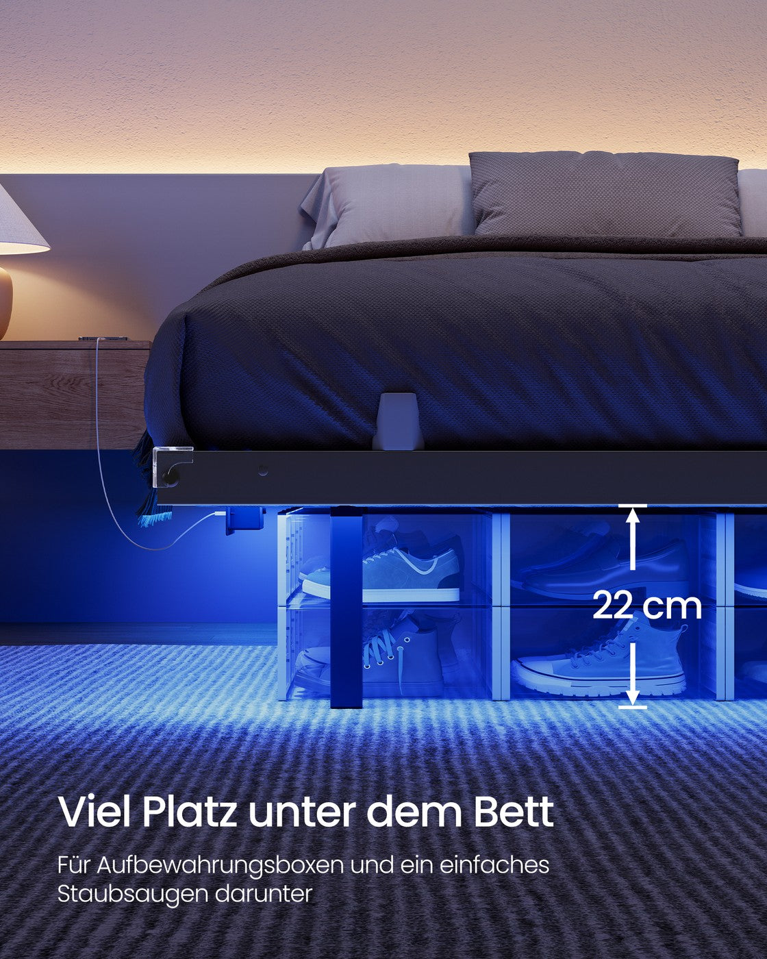 Bedframe - 160 x 200 cm - Zwevend effect - Ledverlichting - Afneembare stekkerdoos met 2 stopcontacten, 1 USB-C-poort en 2 USB-A-poorten - Inktzwart - Draagvermogen tot 500 kg