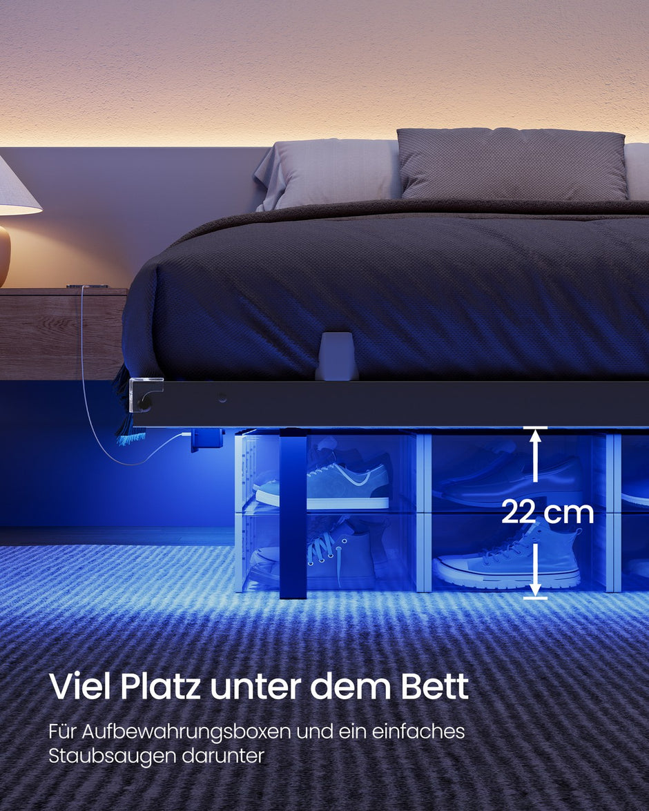Bedframe - 160 x 200 cm - Zwevend effect - Ledverlichting - Afneembare stekkerdoos met 2 stopcontacten, 1 USB-C-poort en 2 USB-A-poorten - Inktzwart - Draagvermogen tot 500 kg