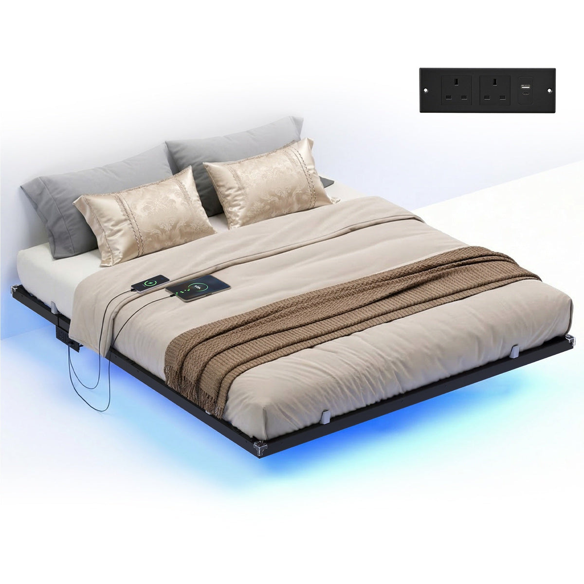 Bed Frame - Metal with LED and Charging Station