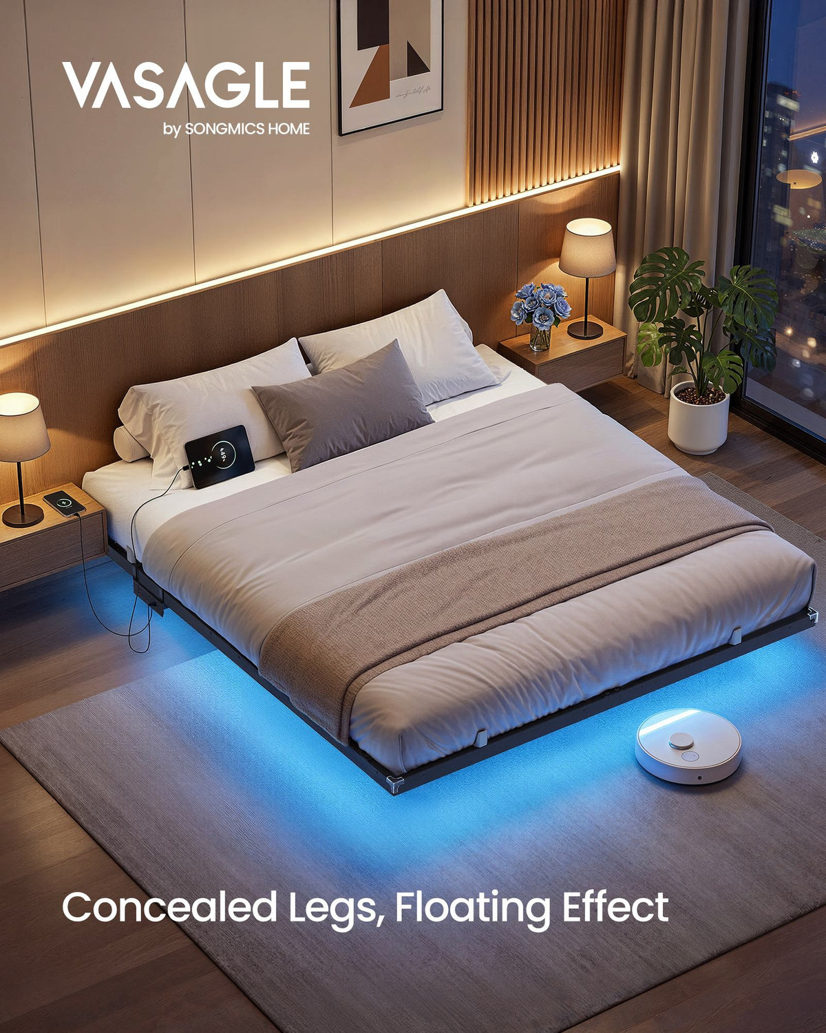 Bed Frame - Metal with LED and Charging Station