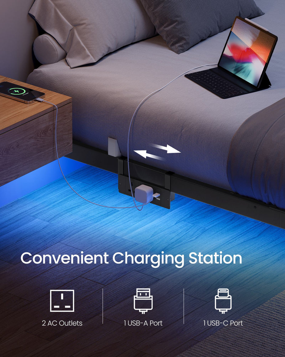 Bed Frame - Metal with LED and Charging Station
