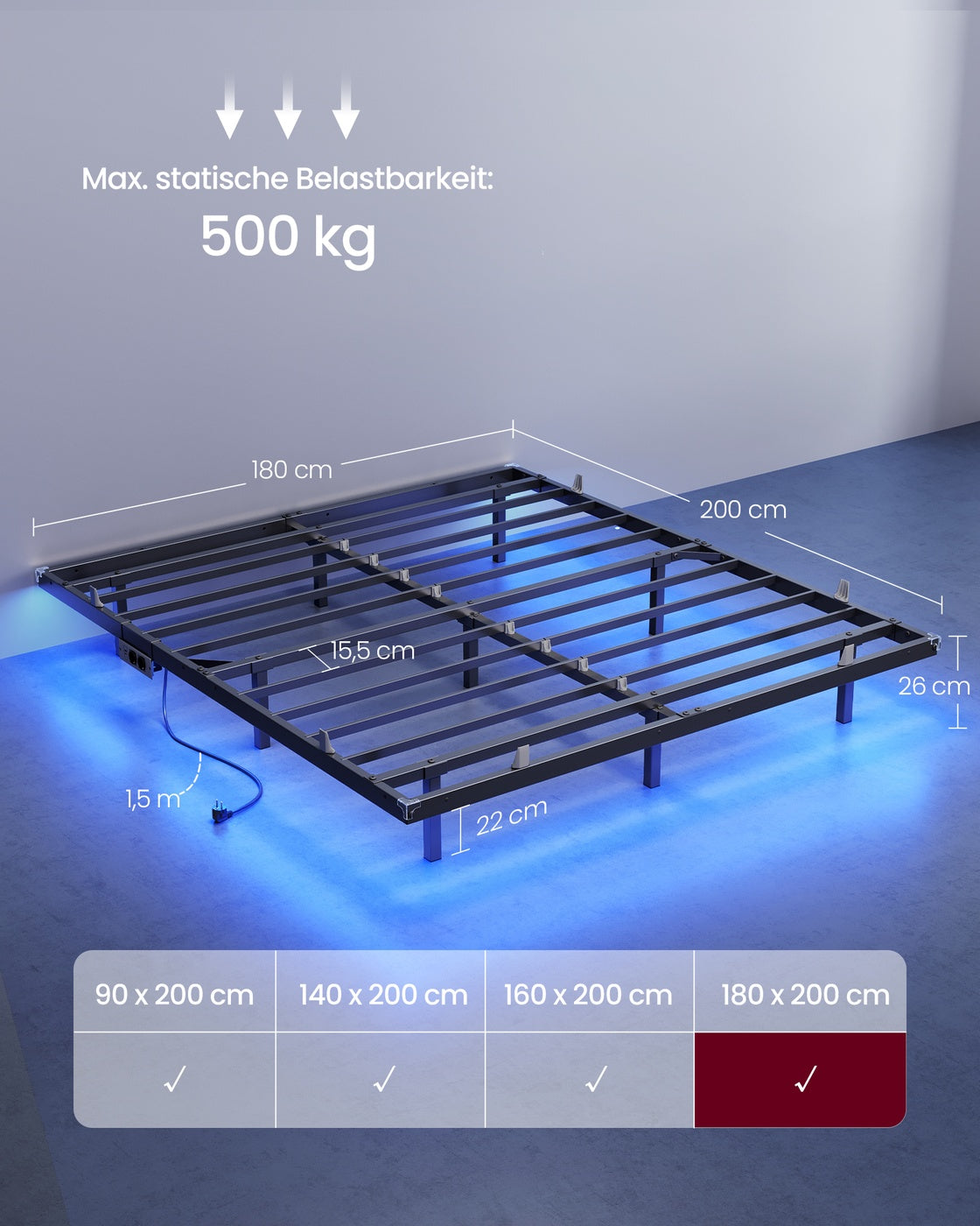 Bedframe - 180 x 200 cm - Zwevend effect - LED-verlichting - Afneembare stekkerdoos - 2 stopcontacten - 1 USB-C-poort - 2 USB-A-poorten - Inktzwart - Draagvermogen tot 500 kg