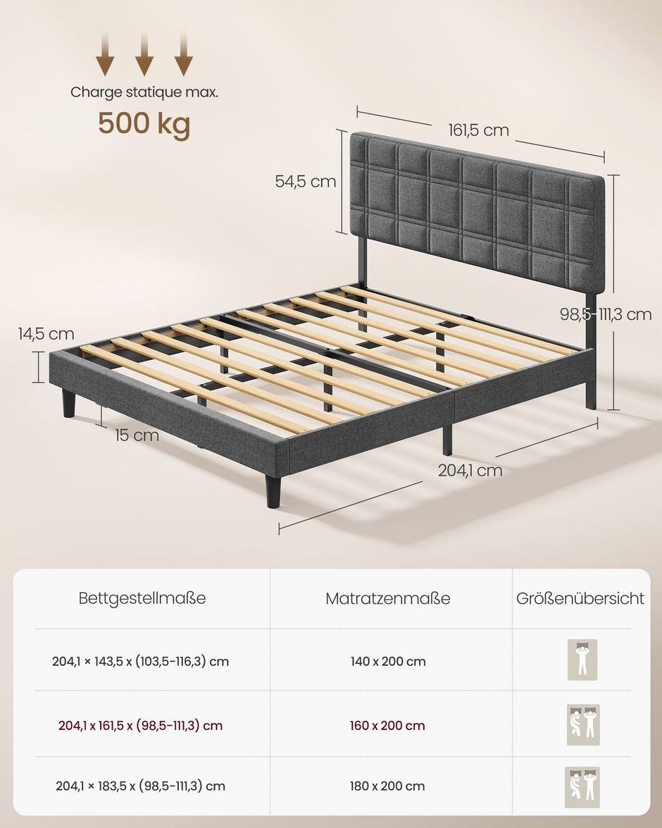 Gestoffeerd Bed 160 x 200 cm – Met Hoofdbord – Houten Lattenbodem – Geruisloos – Leigrijs