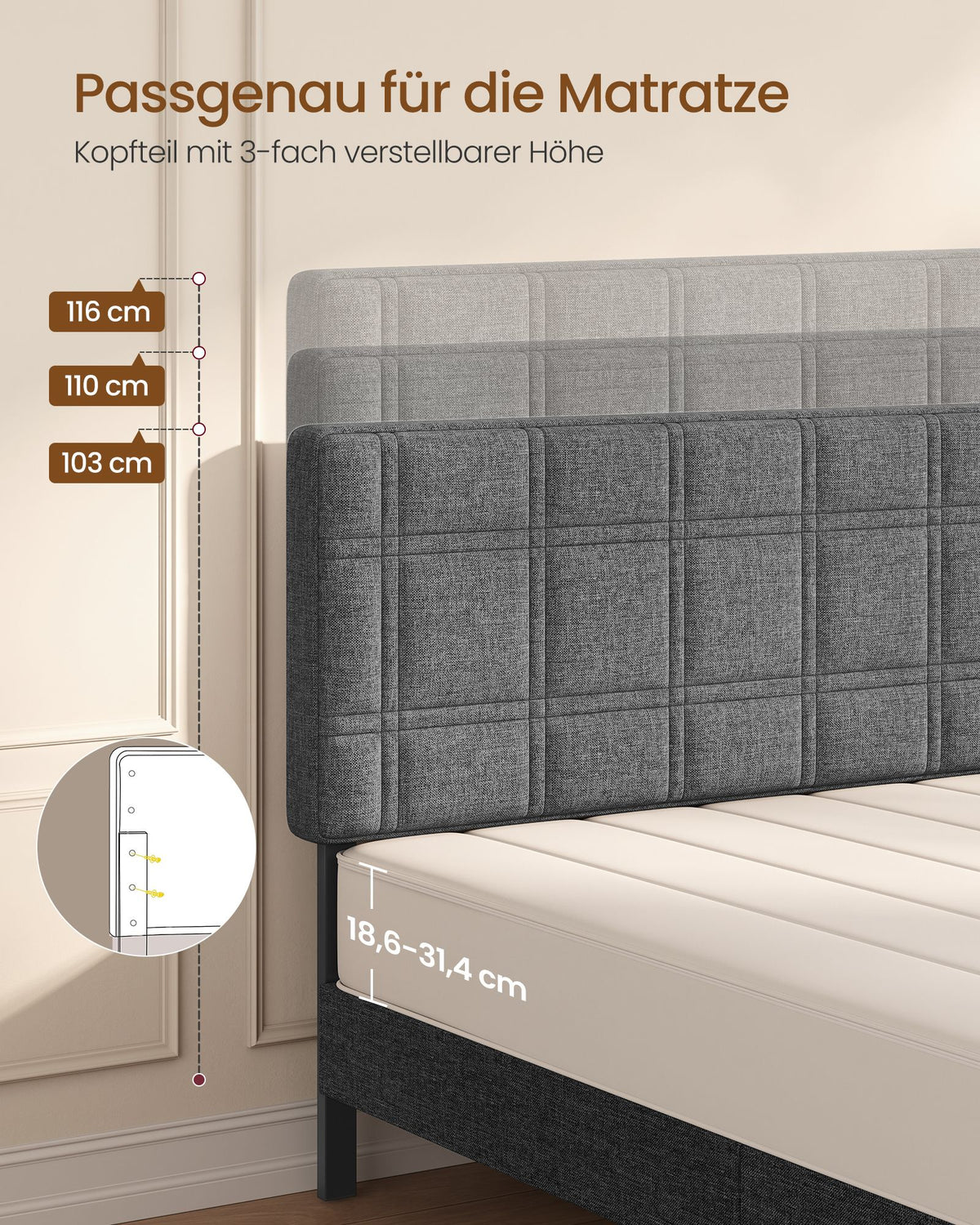 Gestoffeerd Bed 160 x 200 cm – Met Hoofdbord – Houten Lattenbodem – Geruisloos – Leigrijs