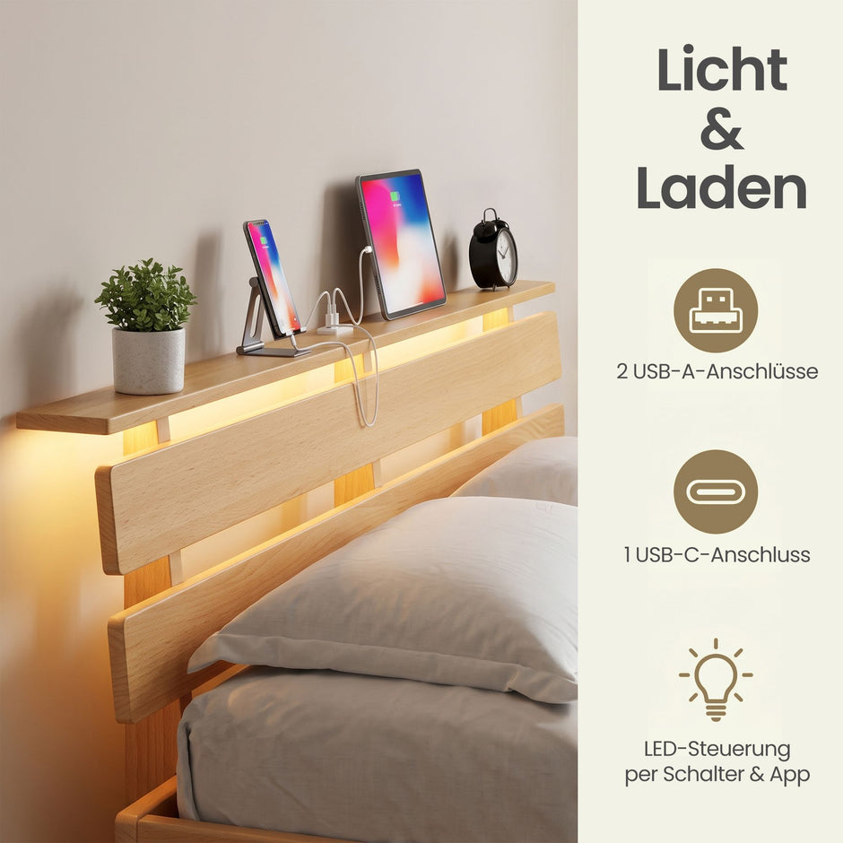 Bedframe - Van Massief Beukenhout - Hoofdbord met LED en USB - Naturel - 221,2 x 144,5 x 78 cm