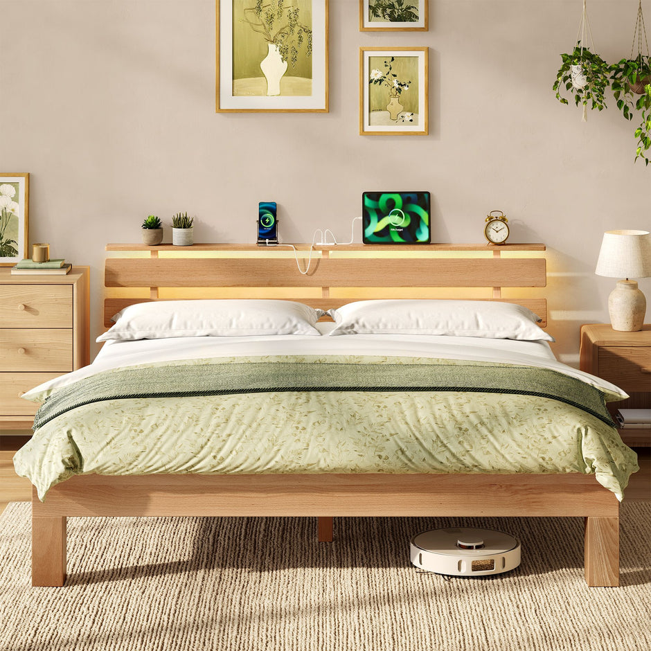 Bedframe - Van Massief Beukenhout - Hoofdbord met LED en USB - Naturel - 221,2 x 164,5 x 78 cm