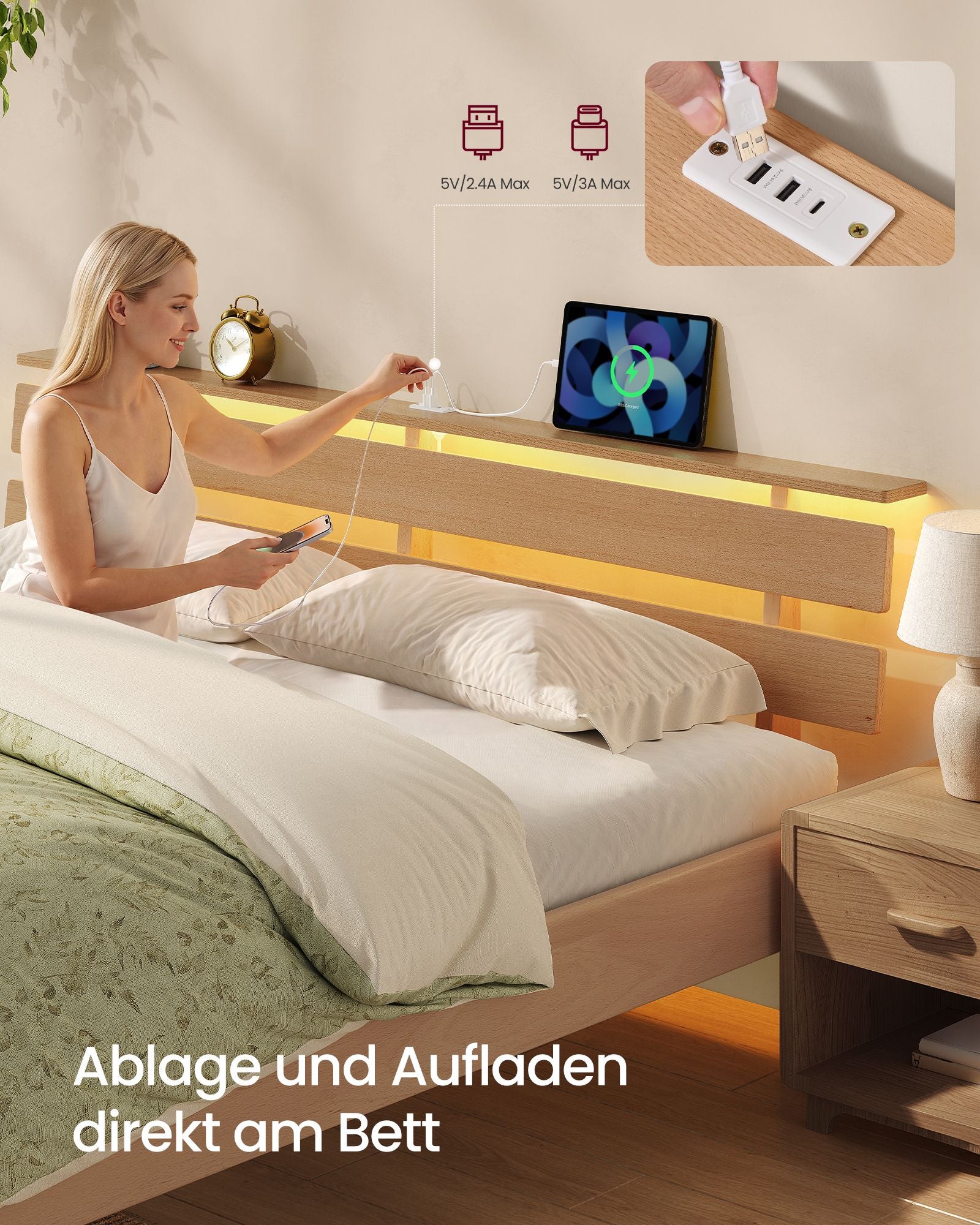 Bedframe - Van Massief Beukenhout - Hoofdbord met LED en USB - Naturel - 221,2 x 164,5 x 78 cm