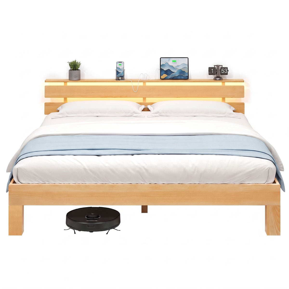 Bedframe - Van Massief Beukenhout - Hoofdbord met LED en USB - Naturel - 221,2 x 184,5 x 78 cm