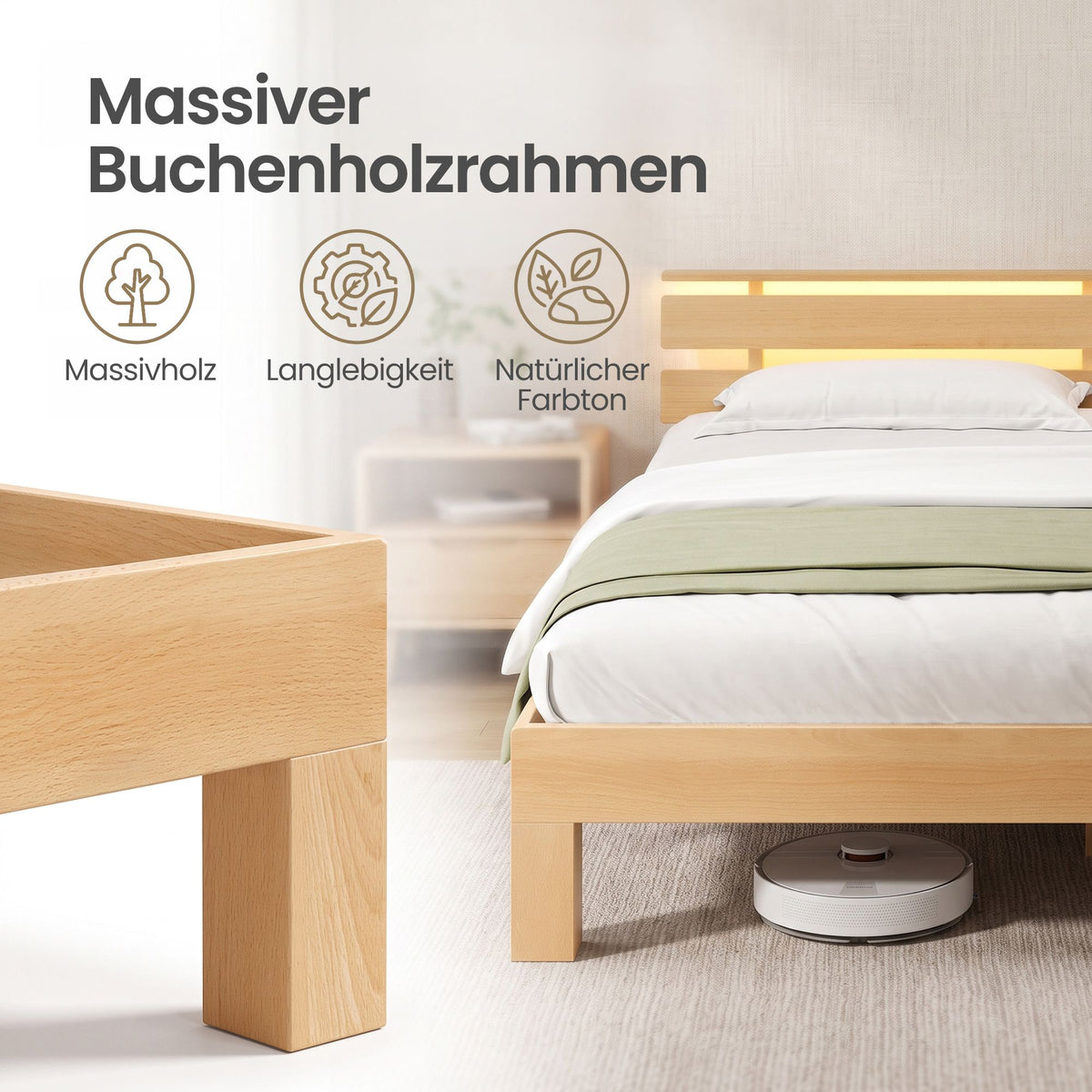 Bedframe - Van Massief Beukenhout - Hoofdbord met LED en USB - Naturel - 221,2 x 184,5 x 78 cm