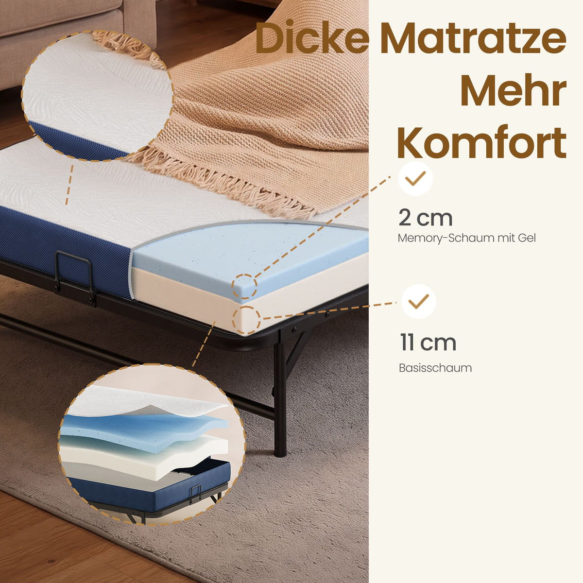 Opklapbed – 90 x 200 cm – Met 13 cm Matras – Op Wieltjes – Tot 250 kg – Blauw