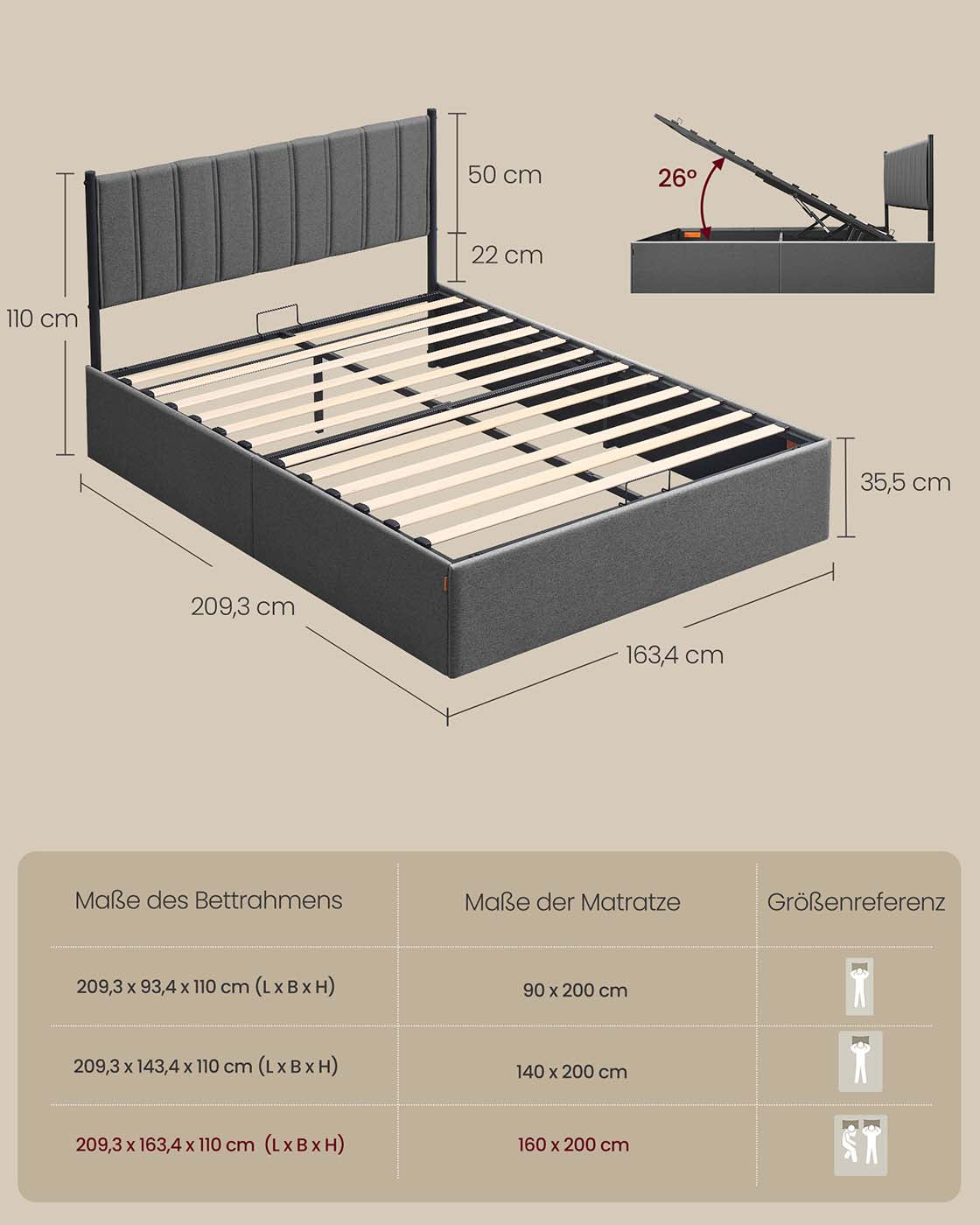 Sängstomme – Fällbar lamellbotten – Under sängförråd – Sovrum