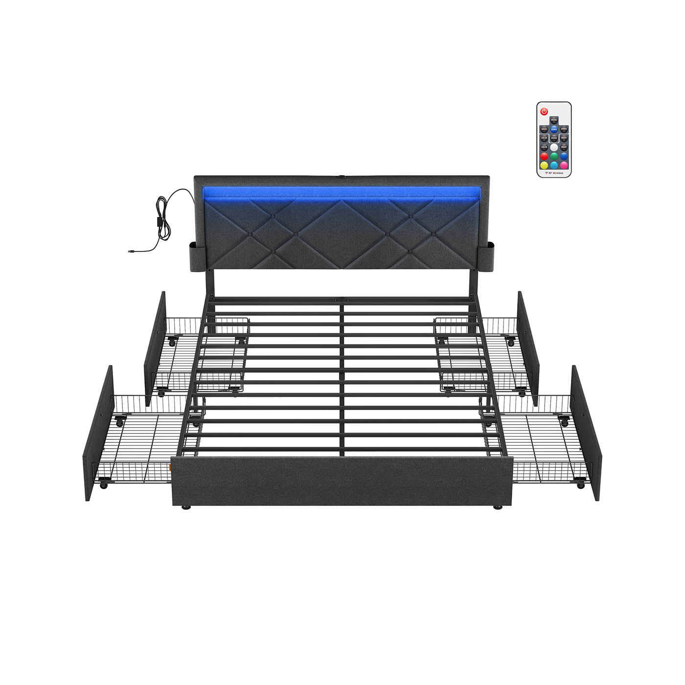 Dubbelsängstomme med LED och 4 lådor, skiffer grå-matt svart