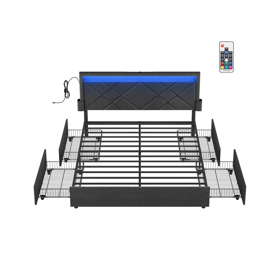 Dubbelsängstomme med LED och 4 lådor, skiffer grå-matt svart