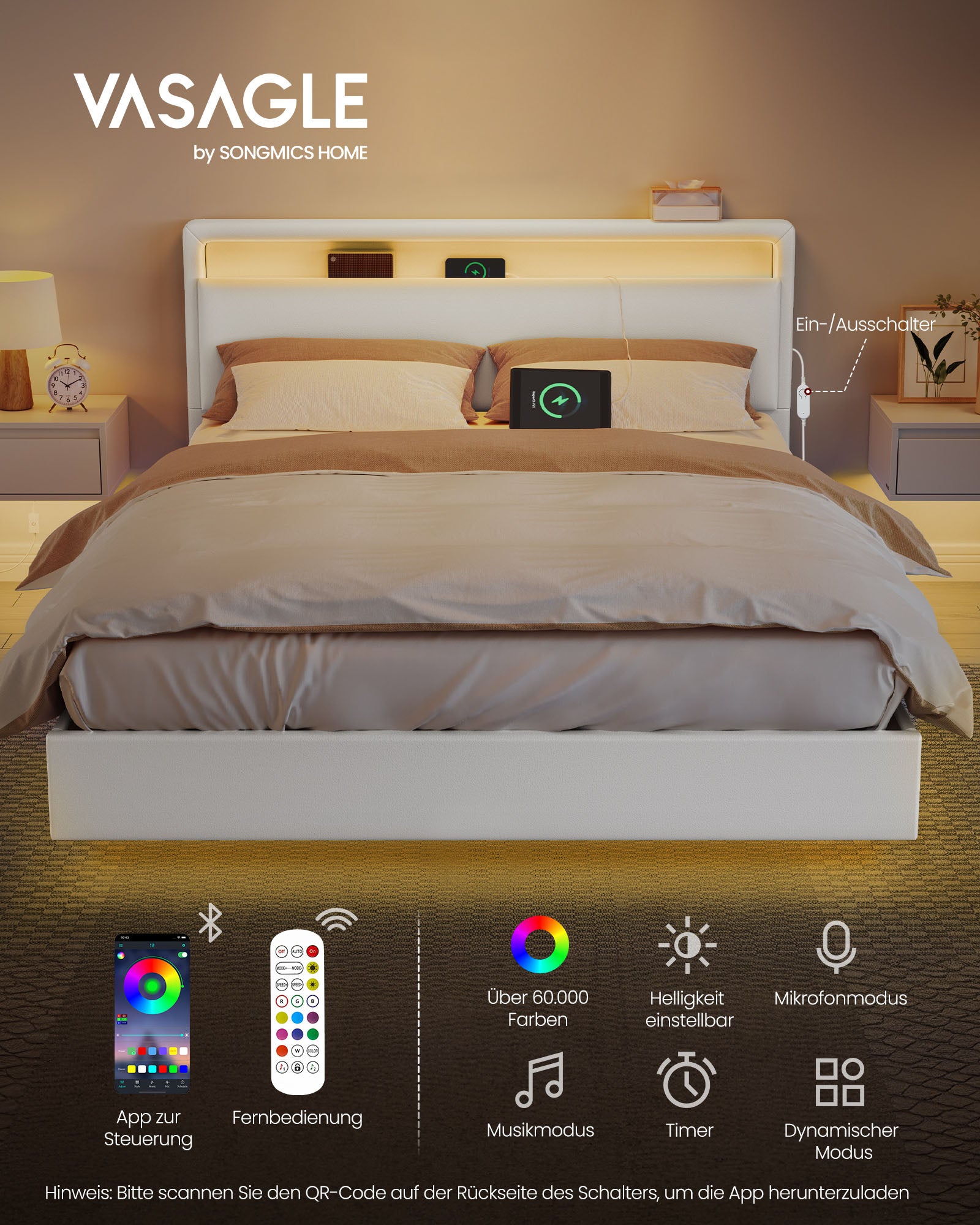 Bedframe 140 × 200 cm-med LED-belysning och USB-laddningsstation