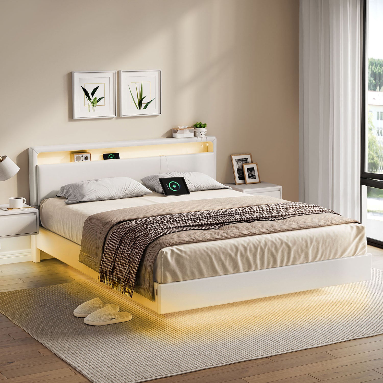 Bedframe 160 × 200 cm-med LED-belysning och USB-laddningsstation