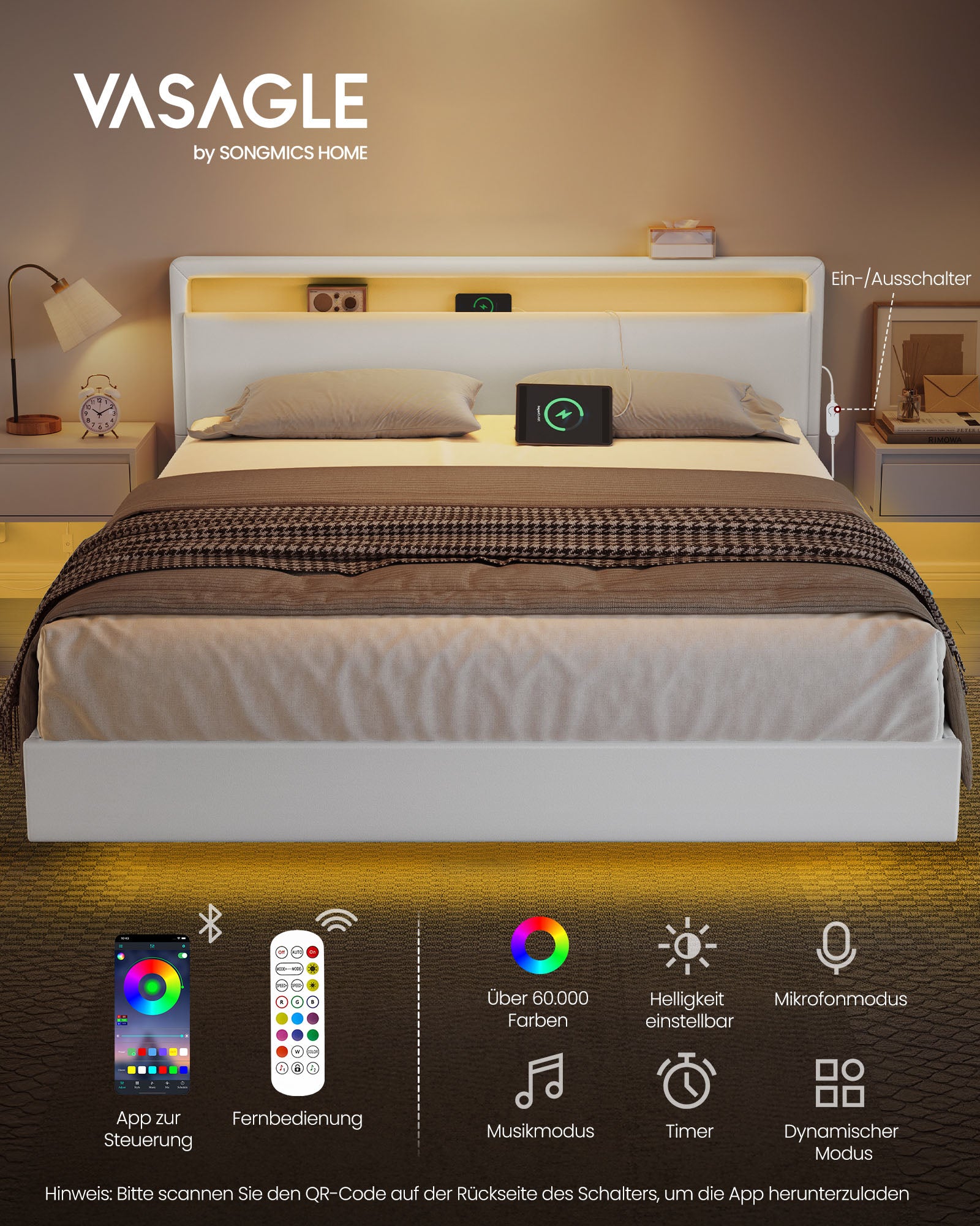 Bedframe 160 × 200 cm-med LED-belysning och USB-laddningsstation