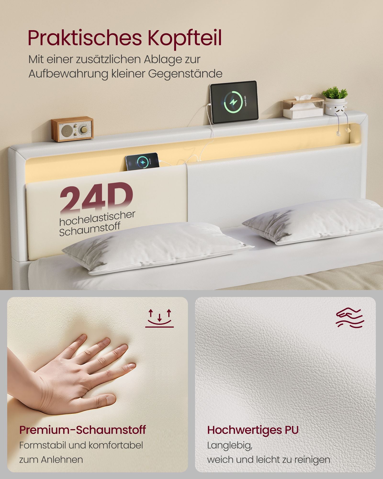 Bedframe 160 × 200 cm-med LED-belysning och USB-laddningsstation