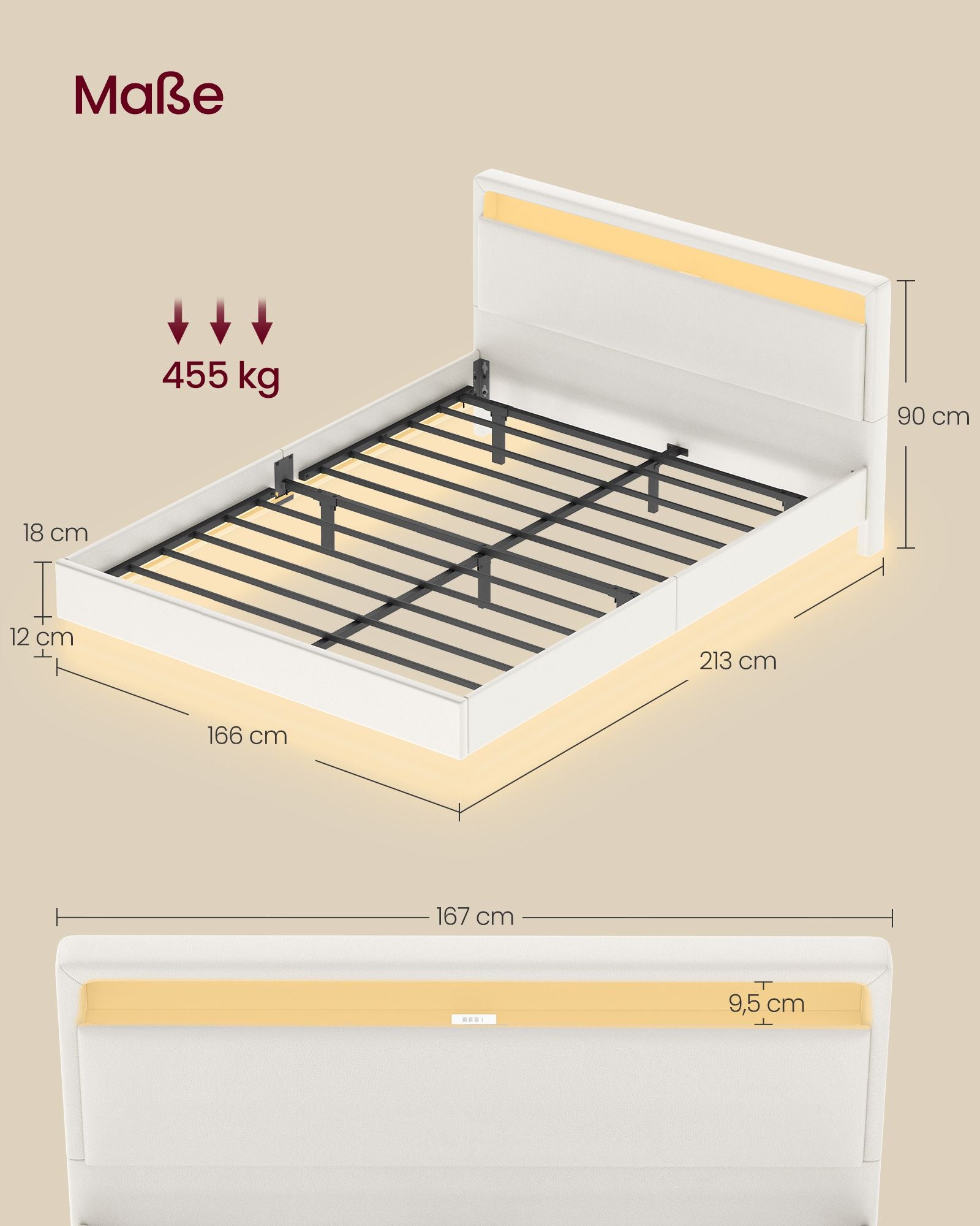 Bedframe 160 × 200 cm-med LED-belysning och USB-laddningsstation