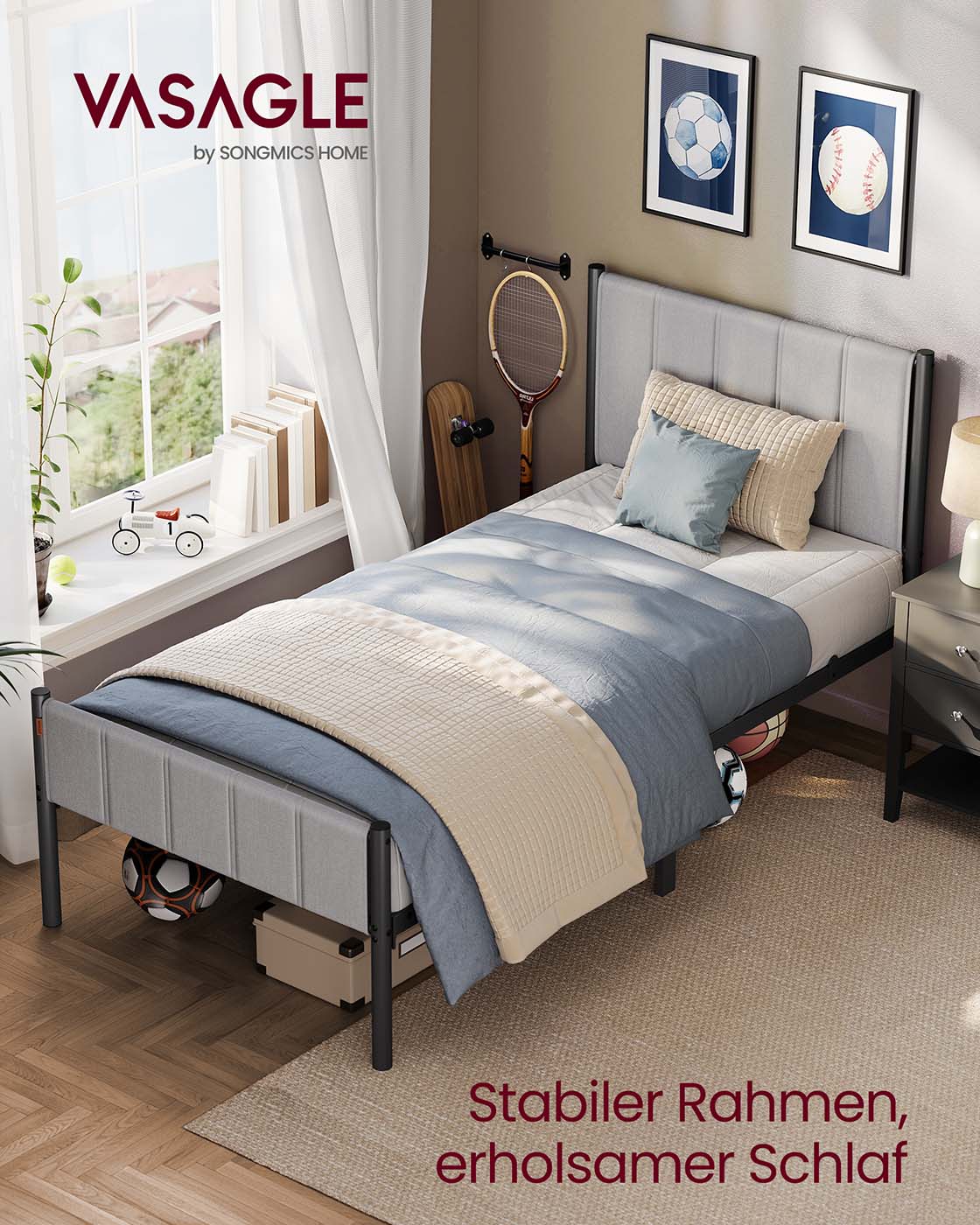 Enkelsängram 90 x 200 cm med duvagrå stålbottenplatta