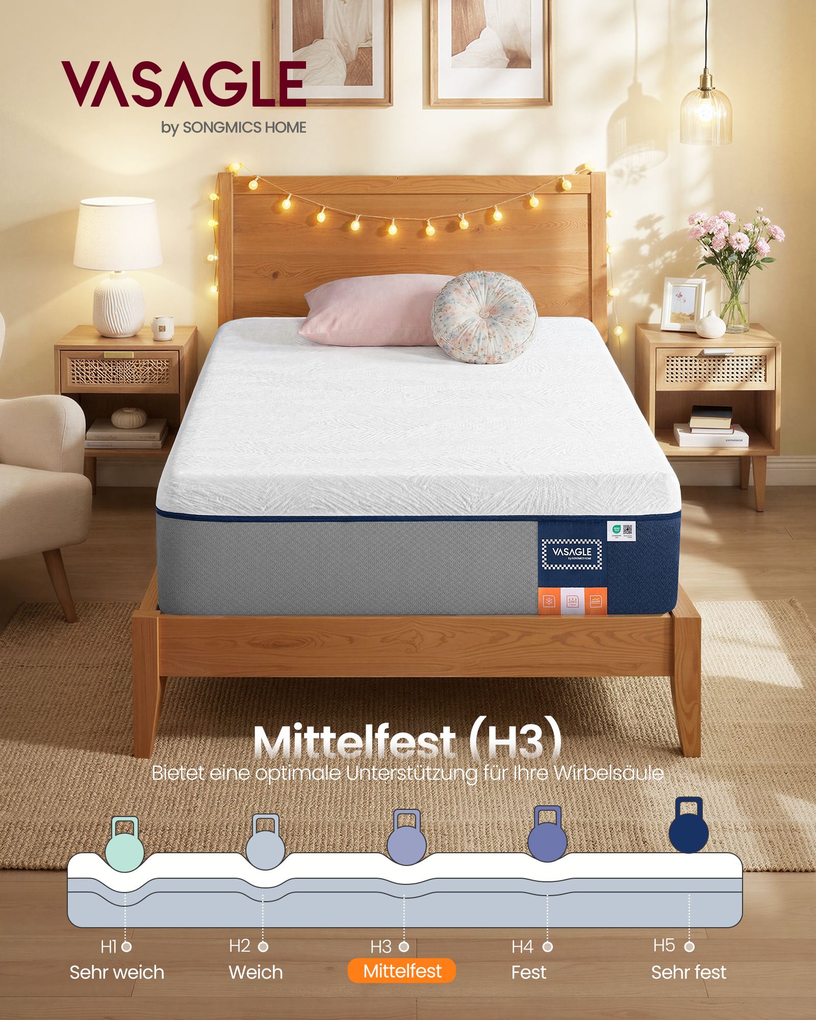Matras - 90 x 200 cm - Gel-traagschuim - Middelhard - 20 cm dik - Blauw - 12,7 kg