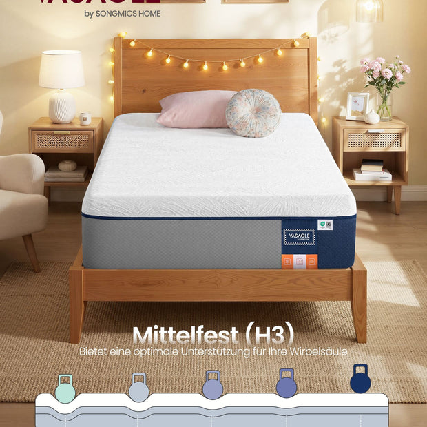Matras - 90 x 200 cm - Gel-traagschuim - Middelhard - 20 cm dik - Blauw - 12,7 kg
