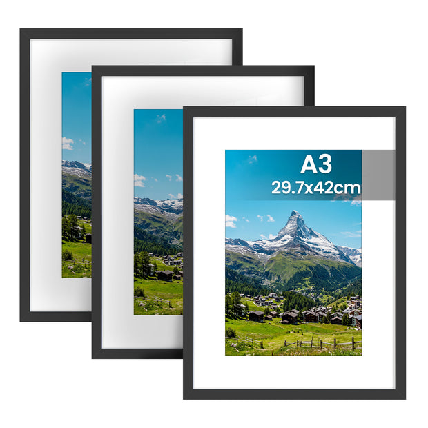 Fotolijsten – Set van 3 – A3 – Met Sporloze Wandhaken – Ophangen of Neerzetten – Zwart