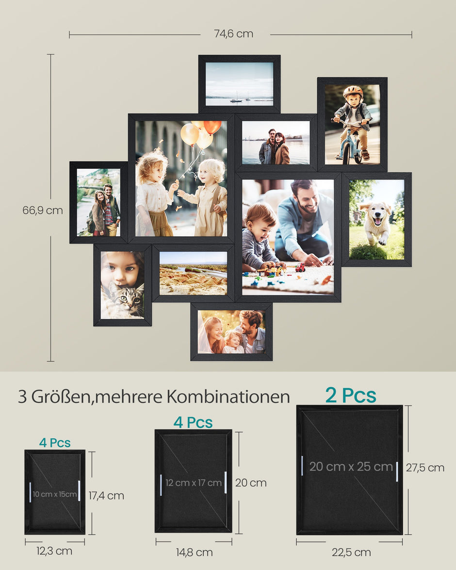 Fotolijstje - Set van 10 - Diverse maten - 20 x 25 cm, 13 x 18 cm, 10 x 15 cm - Zwart - PVC-kunststof - Totale gewicht 1,7 kg